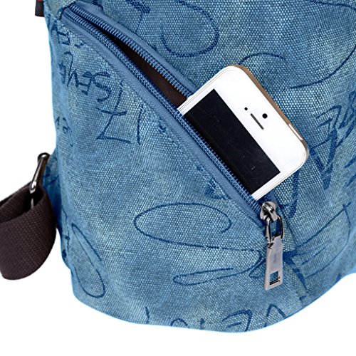 FakeFace Damen Retro Vintage Rucksack aus Cauvas Nylon und Leder mit Handyfach Ausweißfach Reißverschlussfach für Wandern Outdoor Reise - 6