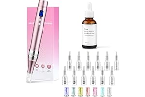 Dessnill Dermapen Elektrische Microneedling Pen Micronadeln Pen 0-2,0mm mit 7 Model LED Licht, mit Hyaluronsäure Anti-Aging Anti Falten Gesichtsserum (Inkl. 12 Nadeln Patronen)