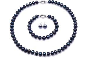 JYX Pearl Set di collana, bracciale e orecchini a perno con perle d'acqua dolce naturali di qualità AA, in argento Sterling 925 (blu pavone e bianco)