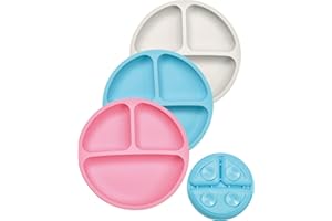 NETONDA Assiettes en Silicone avec Ventouse pour Bébé 3PCS Assiette Ventouse pour Bébé avec 3 Compartiments Assiettes en Silicone Alimentaire Lavable Bébé - Bleu + Rose + Gris