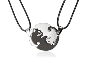 Ticome Cat Pendant Couple Necklace,Stainless Steel Matching Puzzle Lovers Necklace,Black and White Men's Women's Pendant for Valentine