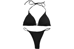 Wisebom Costume da Bagno Donna Triangolo Imbottito Costumi da Mare Due Pezzi Halterneck Swimwear e String Bikini Nero
