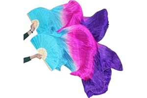 KIKIGOAL 1 Pair (Left + Right) Women's Real Silk Belly Dance Fan Veil, Length 180 cm, Width 90 cm