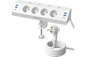 HITRENDS Listwa zasilająca na biurko z USB C PD 20 W, listwa zasilająca z 4 pojedynczymi przełącznikami, 4-krotne gniazdko narożne z 6 USB, płaska, wielokrotna, montaż ścienny, z kablem 2 m, ochrona przed