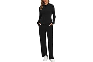 Famulily Cowl Neck Womens Tracksuit Sets Drawstring Long Sleeve Pullover Top and Elastic Waist Wide Leg Pants with Pockets