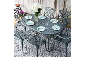 Lazy Susan June 6 Seater Oval Cast Aluminium Garden Furniture Set, Maintenance-free, Weatherproof, Slate Finish, 6 x April Chairs, Cushions Not Included