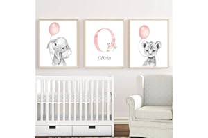 YOUIHOM 3 Quadro Nome Bambino Elefante Leone con Palloncino Tela Camera da Letto Bimba Poster Neonato Nascita Grigio e Rosa A3 Stampe Personalizzato Decorazione da Parete Regalo senza Cornice