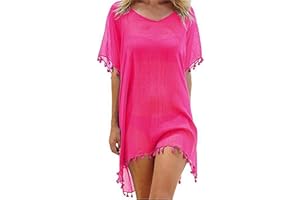 Edhomenn Women Chiffon Beachwear Tassel Bikini Cover Up Short Beach Dress Solid See-Through Swimsuit Summer Casual Swimwear