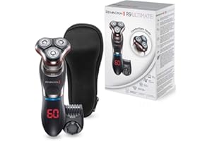 ‎REMINGTON Remington golarka męska, elektryczna, rotacyjna, nasadka do stylizacji brody, wyświetlacz LED, golarka na mokro i na sucho, litowa, precyzyjny trymer, futerał do przechowywania , Ultimate R9 XR1570