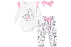 PATPAT Conjunto de Ropa para Bebé Niña: 3 Piezas Ropa Infantil Animados Manga Larga Volantes + Pantalones con Lazo y Diadema, Diseño Navidad, Cumpleaños, Regalo Recién Nacido 0-24 Meses