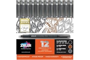 Zieler 12 Fineliner Drawing Pens (Black, Sepia & Grey) Water & Fade Proof Pigment liners. Quick-Drying & Anti-Smear Micro Pens. Ideal for Technical Drawing, Sketching, Stenciling & Outlining