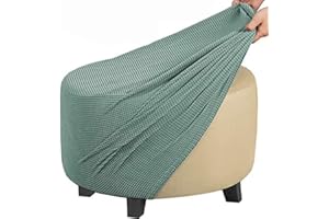 GUNDAN Round Footstool Cover Gray Stretch Ottoman Cover, Fabric Removable Large Stretch Pouffe Cover Anti-Slip Foot Stool Jacquard Slipcovers With Elastic Bottom, Machine Washable