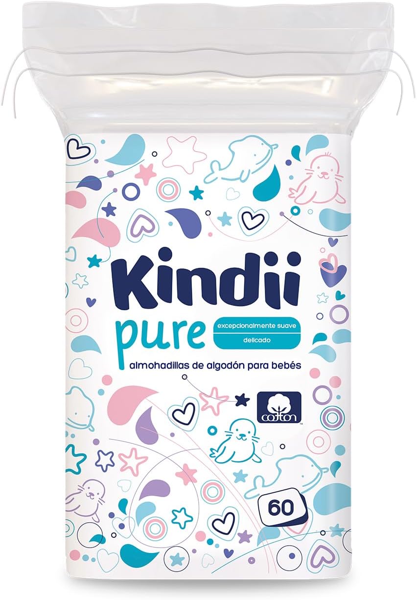 Kindii Pure – Gasas Bebé (1x60 Piezas) – 100% Algodón, limpieza facial, cambios de pañal – Delicadas para pieles sensibles, no se deshilachan – 60 Piezas