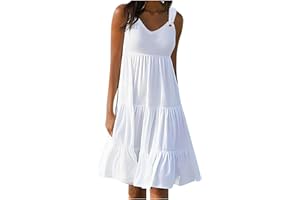 HAOLEI Vestito Donna Primaverile Elegante Vacanza, Abito da Donna in Lino Spiaggia Vestito Donna Elegante Curvy Corto Abito Casual Estivo Boho Chic Vestiti Fresco Senza Maniche Girocollo Vestitino Festa