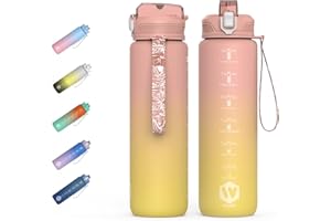 HOMEEX Motivational Fitness Sport Water Bottles with Straw & Time Maker, BPA-free Plastic Drink Bottle 1l Design for Girls, Boy Running,cycling (Pink & Yellow, 1000ML-32OZ)