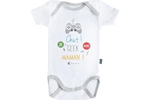 Baby Geek Chut je geek avec maman - Body Bébé manches courtes - Coton - Blanc - Coutures grises