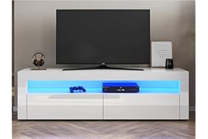 SONNI Mueble TV con Luz LED Regulables de 12 Colores,Mueble de Salón Blanco con Estante de Cristal 155x40x45cm
