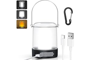 HSYFUNA Lampe Camping,3 Niveaux de Luminosité Réglables Lampe Exterieur Rechargeable, Lampe Camping Rechargeable Avec Crochet Et Câble de Recharge USB C,Lampe Camping USB,Urgence