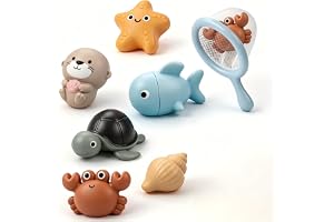 7PCS Baby Bath Toys, Sealed No-Hole Mold-Free Ocean Animal Toys, Soft Floating & Squeeze Water Toys with Fish Mesh for Toddlers, Bath, Shower, Pool & Beach, for Ages 1-3 Years