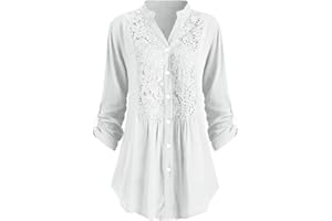 AMHOMELY Women Vintage Blouses & Shirts Sale Ladies Large Size Button Solid Lace V-Neck Long Sleeve Shirt Blouse Ladies Plus Size Cute Hoodies Oversized Tshirts Trendy Loose Sweatshirts UK Size