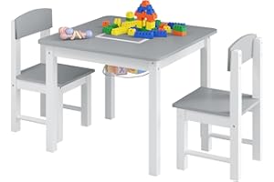 WOLTU Tavolo e Sedie per Bambini, Tavolino per Bambini con 2 Sedie, Scrivania per Bambini, con Base per Blocchi Reversibile e Tasca a Rete, per Cameretta, in MDF, Bianco e Grigio