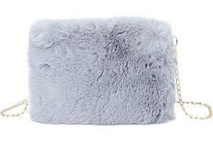 Syrads Damen Umhängetasche aus weichem Plüsch Clutch Handtasche mit Kette,Grau
