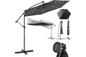 Juskys Ampelschirm Brazil 300 cm LED Beleuchtung Solar & Kurbel - UV-Schutz wasserabweisend knickbar - Hülle - Sonnenschirm Marktschirm - grau