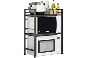 JOYART Erweiterbares Mikrowellen Regal 3-stufiges Mikrowellen-Ofenständer Ausziehbares Mikrowellenständer Mikrowellenhalter Organizer küchenregal stehend mit 8 Haken, Schwarz, (40~65) × 32 × 78cm