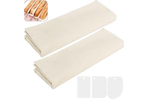 Vepepe 2 Piezas Tela Lino para Masa Pan con Raspador de Masa de Plástico, Fermentada Tela Lino 36×48cm & 45×75cm, Natural Fermentada para la Preparación la y el Horneado