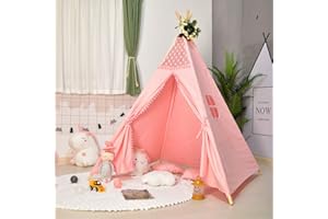 Triclicks Kids Teepee Play Tent - Indian Wigwam Children Tipi Play House - 100% Cotton Canvas Princess Girls Tent for Indoor and Outdoor (Pink Style B)
