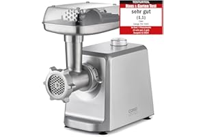 ‎CASO CASO FW 2500 Silber, Fleischwolf mit leistungsstarken 2500 Watt, Testurteil: Sehr Gut, Titan Klinge, Rücklauf-Funktion, Zubehör inkl. Burgerpresse