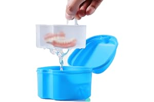 DIDISEEN Denture Bath Case Portable Orthodontic Dental Retainer Box False Teeth Storage Container for Denture, Invisalign, Braces, Mouth Guard Travel Cleaning Retainer (Light Blue)