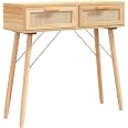 Table Console En Bois De Pin Et Rotin - Blanc, Dimensions 80x30x75 Cm, 2 Tiroirs, Style Scandinave