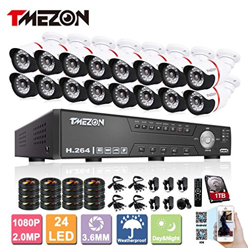 TMEZON AHD 16CH 1080P Home Security DVR Video Surveillance System 1TB HDD 16x2.0MP HD Weatherproof 80ft Night Vision Indoor/Outdoor AHD High Quality CCTV Camera,Support Remote Monitor By Smartphone