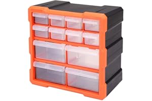 Bond Hardware 12 Drawer Organiser for DIY Tool Bits Plastic Storage Units - Workshop Screws and Small Parts Cabinet or Office Stationary Craft Box Black/Orange