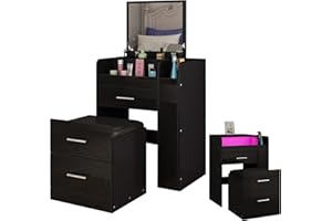 BESTWANTED Dressing Table Set with LED Lights, 90° Folding Mirror, 2 Drawers, Makeup Table Set with Padded Stool, Desk, Dressing Table for Girls Bedroom (Black)