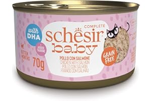 Schesir Baby, Filetes de Pollo con Salmón en Caldo, Alimento Húmedo Completo para Gatitos, sin Cereales, con DHA y Taurina, Rico en Hidratación, 12 x 70 g