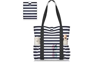 HOMESPON Foldable Beach Tote Bag for Women with zip and Pockets Large Waterproof Handbag for Travel Pool Shopping Holiday Gym(Blue Stripe)