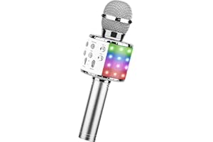 ShinePick Microfono Karaoke Bluetooth, karaoke bluetooth microfono Microfono Wireless 4 in 1 per Bambini, Microfono LED Portatile, Dispositivo Karaoke Home KTV Compatibile con Android/iOS PC(Argento)