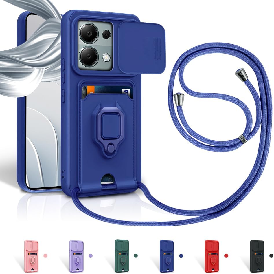 Aithne Funda con Cuerda para Xiaomi Redmi Note 13 Pro 5G/Poco X6 5G Case con Ranura para Tarjetas,360 Anillo función de Soporte Cubierta -Azul