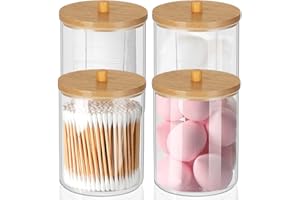 IVEOPPE 4 Stück Qtip Halter - Wattepads Behälter Box mit Bambusdeckel, Wattestäbchen Aufbewahrung , Geeignet für Kosmetik- und Pflegeprodukte, Make-up-Pads, Ohrstäbchen,Badesalz, durchsichtig