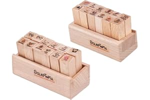 WANDIC Sellos de goma, 24 unidades, 2 estilos, mini sellos de madera, con caja de madera, para manualidades, tarjetas y álbumes de recortes (viajes y vida)