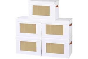 YheenLf 5 Stück Aufbewahrungsboxen, Schrank Organizer, Faltbare Stoffbox mit Deckel, Aufbewahrungsbox Kleiderschrank mit Transparentem Fenster, Kasten Boxen mit Griff, Weiß, 45x30x30cm