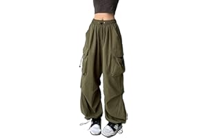 XKBHYD Womens Parachute Pants Y2K Baggy Cargo Pants Gothic Elastic Waist Harem Pants Cargo Pockets Grunge Punk Trousers