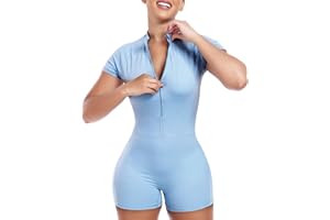 STARBILD Mujer Mono Corto Deportivo con Cremallera Mangas Cortas, Gym Jumpsuits Short Zipper Push Up, V Back Scrunch Butt Una Pieza para Pilates Yoga Fitness Gimnasio
