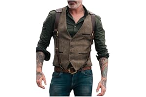 NC Mens Wool Blend Herringbone Tweed Suede Leather Suit Vests Western Cowboy Slim Fit Grooms Dress Vest Waistcoats