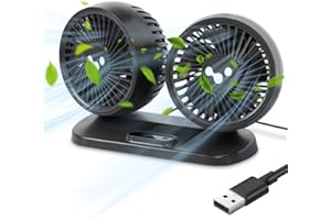 Foreverup Ventilador de Coche 12V 24V Ventilador Para Vehículos, con 3 Velocidades Rotación de 360 Grados, USB Ventilador para Coche para Coche SUV Camión RV (Doble Cabeza)