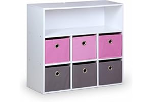 Alice's Home - Meuble de Rangement pour Enfant. Blanc - Camille - avec 7 Compartiments et 6 paniers Gris et Roses