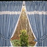 blau-weiß karierte Küchengardine 2 Schals mit Klöppelspitze 120cm hoch