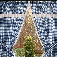 blau-weiß karierte Küchengardine 2 Schals mit Klöppelspitze 120cm hoch